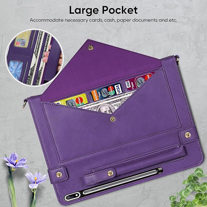 Tablet Carrying Shoulder Bag Case for Samsung Galaxy Tab S8+ Plus/S7+ Plus/ S7 FE 12.4 Retro PU Leather Hand Strap Crossbody Shoulder Strap Cards Holder Pocket S Pen Holder Stand CoverPurple