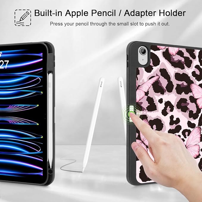 Mektron Case for iPad Air 11 inch (M4 2026 8th /M3 2025 7th /M2 2024 6th) Compatible with iPad Air 10.9 (2022 5th Gen /2020 4th Gen) Tablet Cover Buit in Pencil Holder Leopard Pink Butterfly