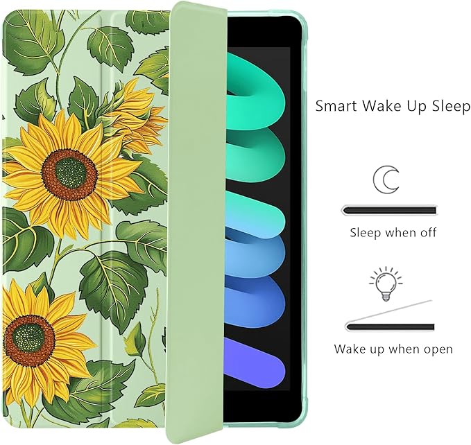 Cute Sunflower Floral for iPad Pro 11 Inch Case (M5/M4) 2025/2024 with Pencil Holder Auto Sleep/Wake Green Leather Soft TPU Back Cover