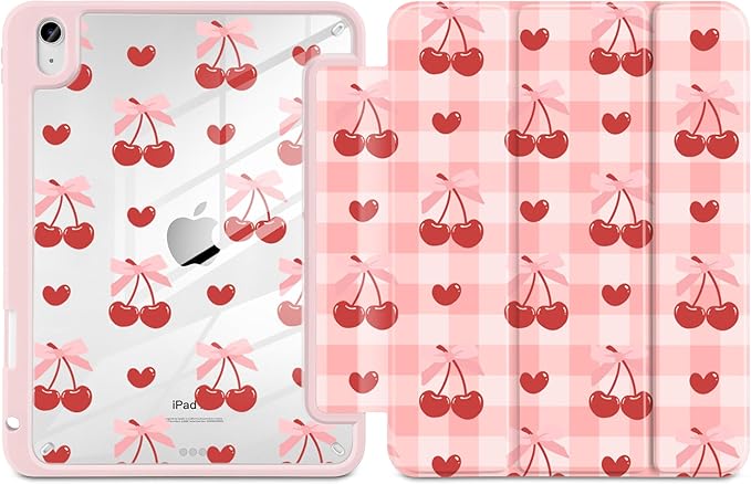 MecBevia Case for iPad Air 11-inch M4 2026 / M3 2025 / M2 2024 Slim Protective Cover with Built-in Pencil Holder Auto Wake/Sleep Pink Cherry Check