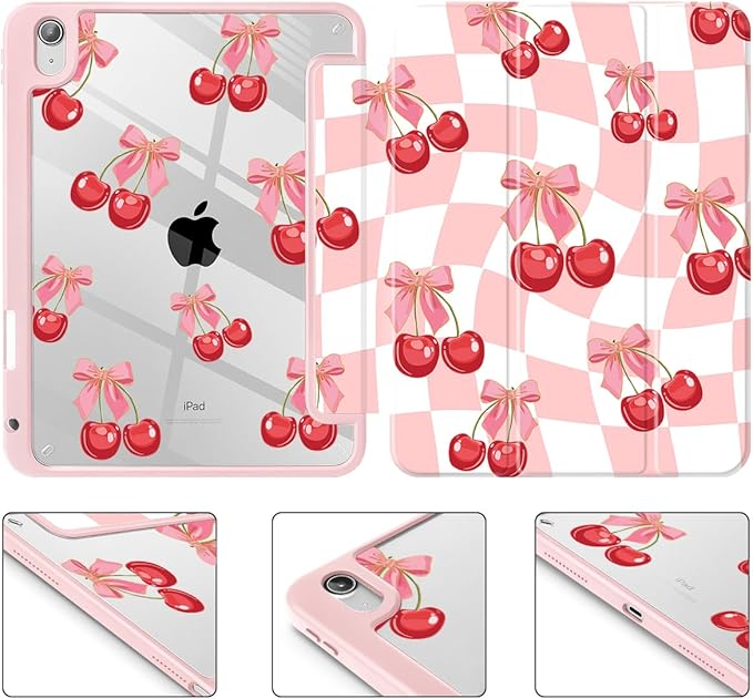Tuiklol for 2025 iPad (A16 Chip) 11th Generation 11 inch/iPad 10th Gen 10.9 inch 2022 Case Buit in Pencil Holder with Clear Back Shell Cover Trifold Stand Auto Wake/SleepCherries Grid