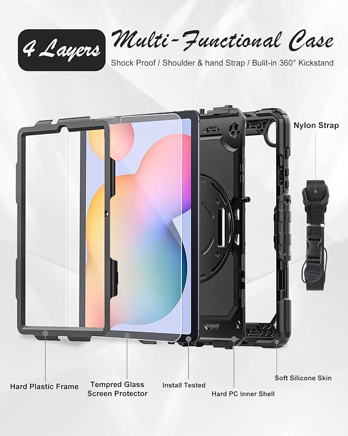 Case for Samsung Galaxy Tab S6 Lite Tablet Case 10.4 inch 2024/2022/2020 [with Tempered Glass Screen Protector] Rotatable Kickstand S Pen Holder Hand/Shoulder Strap (Black)