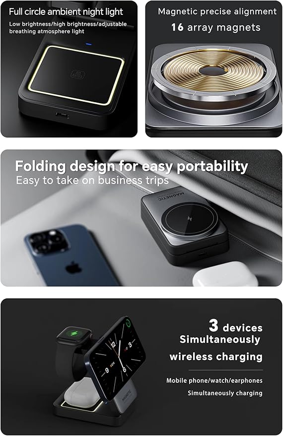 MALOM W91 3-in-1 Multifunctional Wireless Magnetic Charger for iPhone Apple Watch AirPods Foldable Nightlight (Black)