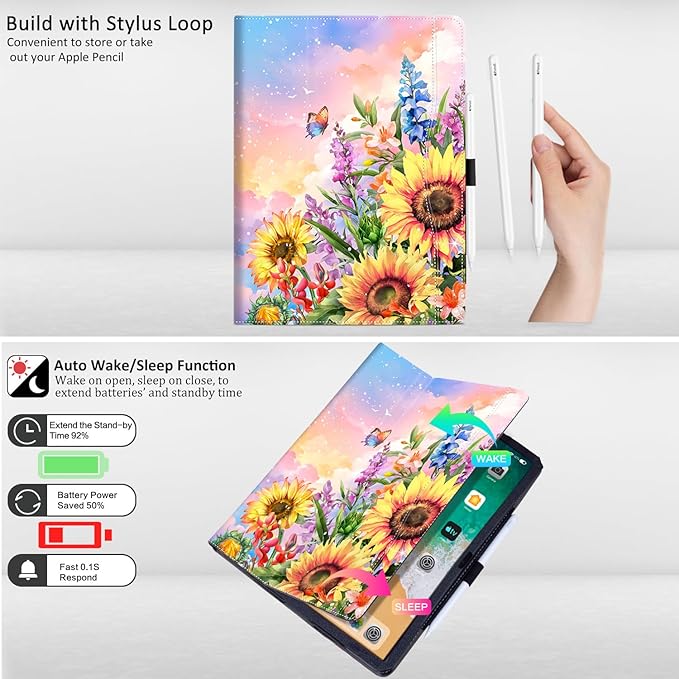 Lokigo Case for iPad Pro 13 Inch (M5/M4) for iPad Air 13 Inch (M4/M3/M2) for iPad Pro 12.9 Inch (6th/5th/4th/3rd) Gen Typing Stand Build with Pencil Holder/Card Pocket Auto Wake/Sleep Sunflower