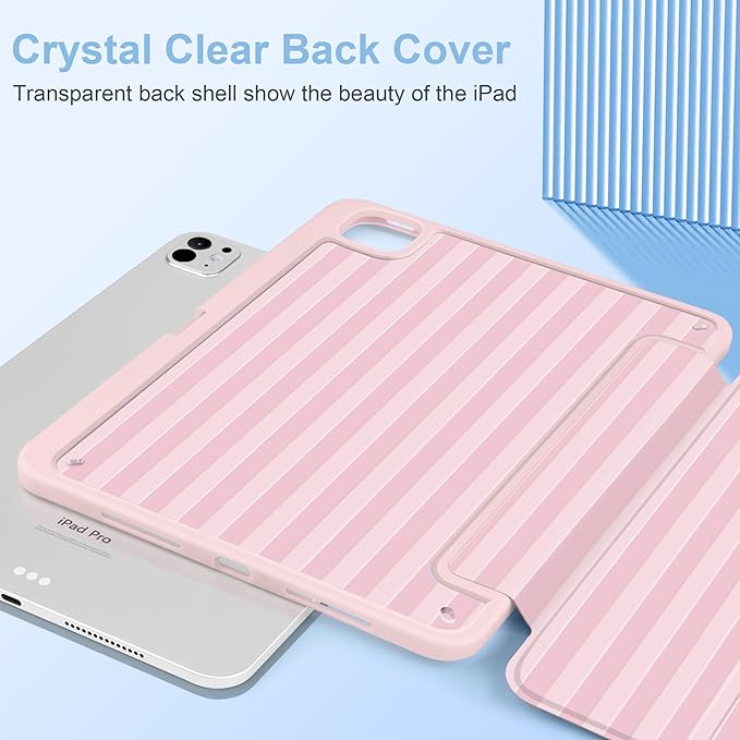 MecBevia Case for iPad Pro 11 inch M5 2025 / M4 2024 (6th/5th Gen) A3357 A3358 A3359 A2836 A2837 A3006 – Built-in Pencil Holder &amp Auto Wake/Sleep Pink Stripes