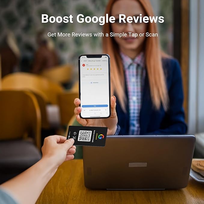 HotLabel – Google Review Stand 3-Pack + Bonus Google Review Tap Card 3-Pack – Black – NFC Tap &amp QR Code – Supports 6 Different Stores or Same – All Phones Compatible – No App/Subscription