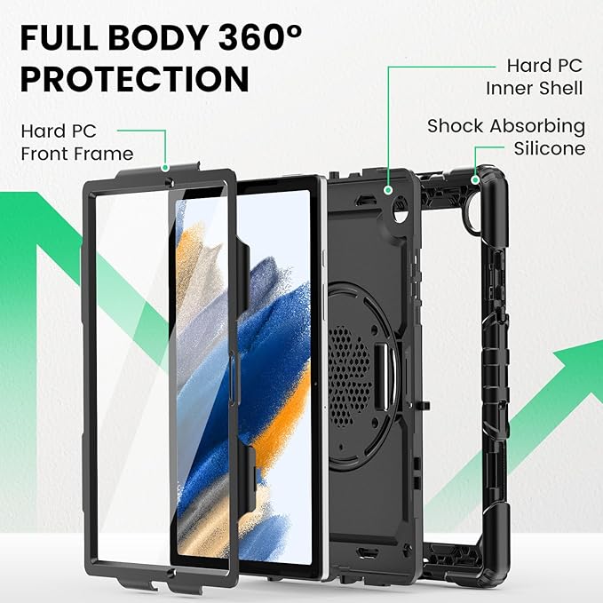 SEYMAC for Samsung Galaxy Tab A8 Case 10.5 Inch (SM-X200/ X205/ X207) Heavy Duty Full-Body Shockproof Protective Case with Screen Protector Rotating Stand Hand/Shoulder Strap and Pen Holder Black