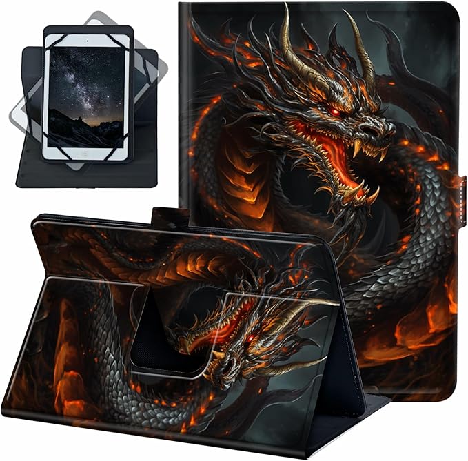 for Universal 10 10.1 Inch Android Tablet Case 360 Degree Rotating PU Leather Stand Folio Cover for iPad 9.7/10.2/10.5/Galaxy Tab 9-10.5/Fire HD 10 and More 9.0-10.5 Inch TabletBig Orange Dragon