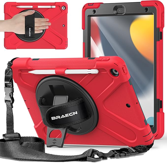 BRAECNstock for Apple iPad 9th/ 8th/ 7th Generation Case 10.2 2021/2020/2019 Shockproof Protective Case with Screen Protecter Pencil Holder 360° Rotating Stand+Hand Strap Shoulder Strap Red