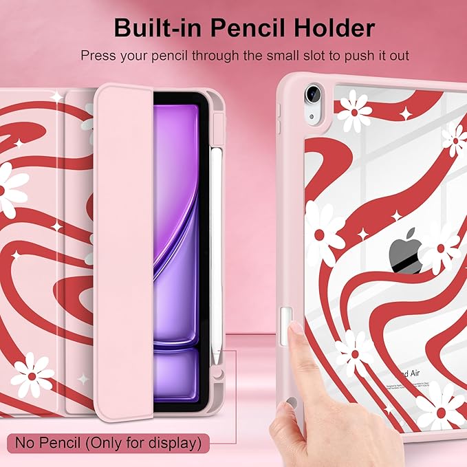 DONGKE Case for iPad Air 11-inch M4 2026 &amp M3 2025 &amp M2 2024 iPad Air 5th/4th Generation 10.9 2022/2020 [Built-in Pencil Holder] Clear Acrylic Back Trifold Stand Smart Cover Swirl &amp Da