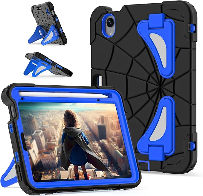 Kids Case for iPad mini 7 A17 Pro 2024/ Mini 6 8.3 inch Spider Case for iPad mini 7th 6th Generation Shockproof Durable Full Protective Cover with Pencil Holder Kickstand (Black+Blue)