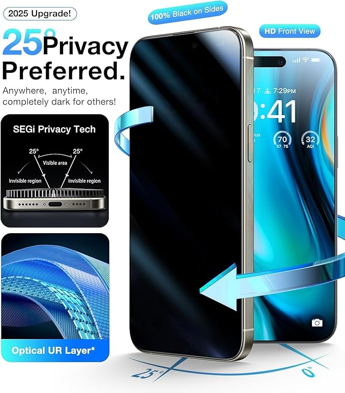 3 Pack for iPhone 17 Privacy Full Screen Protector +2 Camera Lens Protector 9H+ Tempered Full Cover Glass Military Grade Shatterproof Anti Spy Auto Installation kit