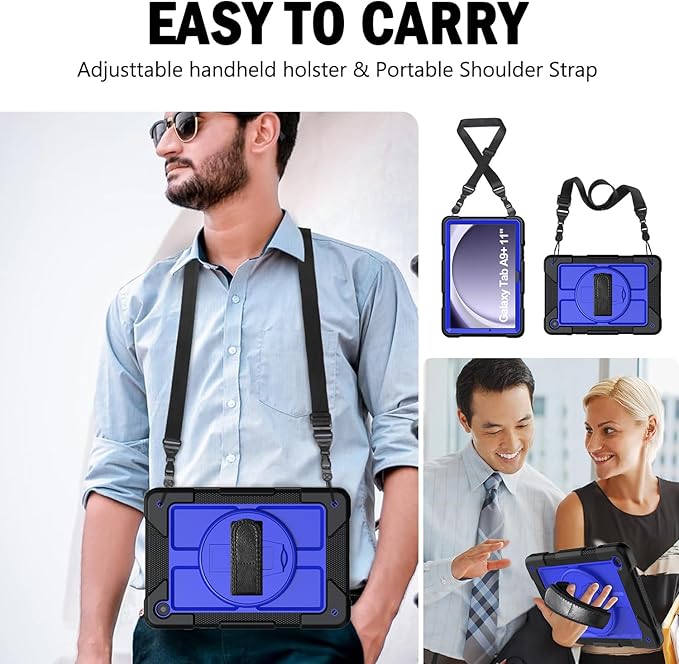 BMOUO for Samsung Galaxy Tab A9+ Plus Case 11 2023 (SM-X210/X216/X218) Shockproof Galaxy Tab A9 Plus Case with Rotating Stand and Hand/Shoulder Strap Deep Blue and Black