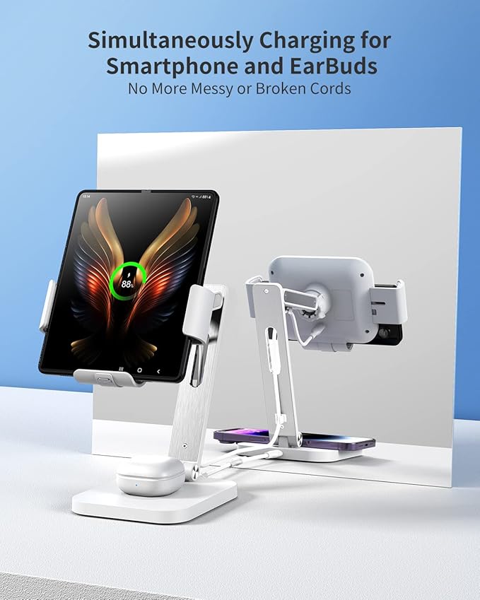 2 in 1 Charging Station for Z Fold 6/5/4/3/2 Aluminium Alloy 3 Coils Fast Wireless Charger Stand for Samsung Galaxy Buds Pro/Buds Live (with 20W Adapter)