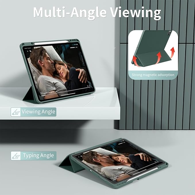 for iPad Pro 13 inch Case (M5/M4) 2025/2024 Slim Protective Cover with Pencil Holder Soft TPU Back Cover Trifold Stand Auto Wake/Sleep A2925 A2926 A3007 A3362 A3359 (Dark Green)