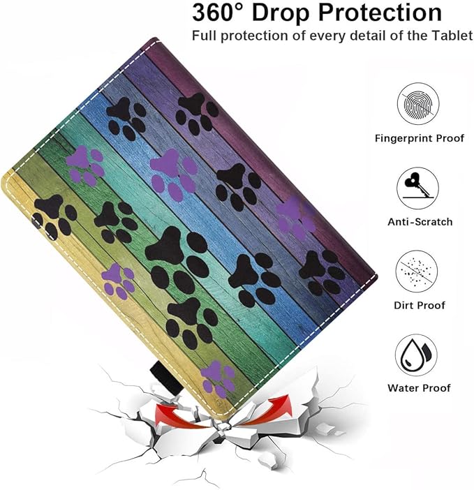 Case for Kindle Fire HD 10/Fire HD 10 Plus Tablet (11th Generation 2021 Release) Premium PU Leather Cover with Card Slot &amp Pencil Holder Rustic Rainbow Woodgrain Dog Paw Print