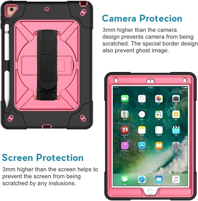 Jaorty for iPad air 2/iPad Pro 9.7 2016 case360 Rotable Handle Kickstand Layer Pencil Holder Shockproof with Strap Shoulder Case for iPad 6th/5th GenerationNew iPad 9.7 2017/2018Black+Rosered