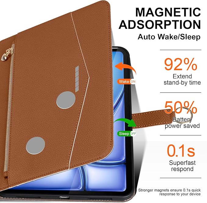 Leather Case for iPad Air 11 M2/M3/M4 (2024-2026) &amp 10.9 4th/5th Gen (2020/2022) with Pocket &amp Buckle Auto Wake/Sleep Shockproof Adjustable StandBrown