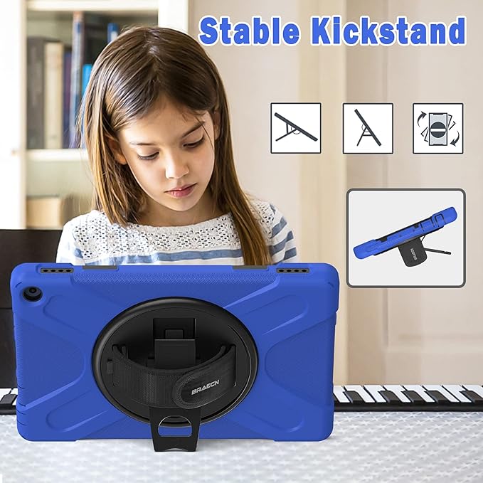 BRAECN Case for Amazon Fire HD 10 11th Generation 2021 / Amazon Fire HD 10 11th Generation 2021 Heavy Duty Kids Case with Hand Strap Kickstand and Shoulder Strap for Fire HD 10 2021 Tablet-Blue
