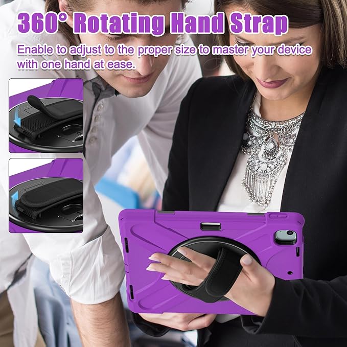 for iPad Air 13-inch M2 (2024) A2898/A2899 for iPad Pro 12.9 Rugged Case Portable Heavy Duty Shock-Proof Armor Cover with Swivel Kickstand/Hand Grip Shoulder Strap Pencil Holder (Purple)