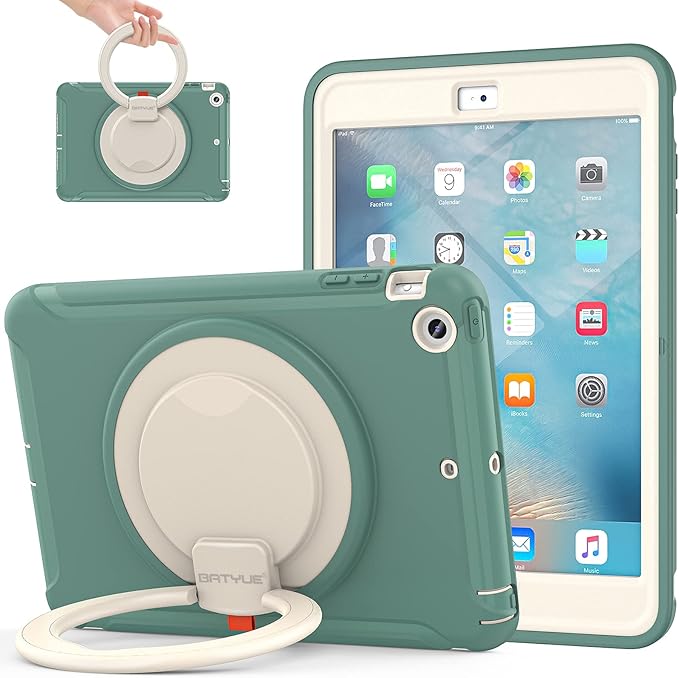 BATYUE Shockproof Case for iPad mini 1/2/3 (2012/2013/2014) - 360° Multi-Angle Stand (Portrait &amp Landscape) &amp Grip Multi-Scene for All Ages Jade Green