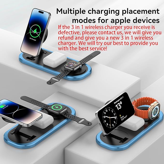 3 in 1 Fast Wireless Charger Stand for iPhone Foldable Travel Charging Station for Magsafe for iPhone 17/Air/16/15/14/13/12 Series Apple Watch Series AirPods pro/2/3/4 2025 Christ mas Gifts (Blue)