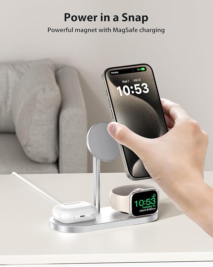KU XIU X23 PRO 3 in 1 Charging Station 15W Fast Charging Magnetic Wireless Charger Compatible with iPhone 16/15/14/13/12 Series for Watch for AirPods 3/2/Pro &amp Multiple Qi Devices