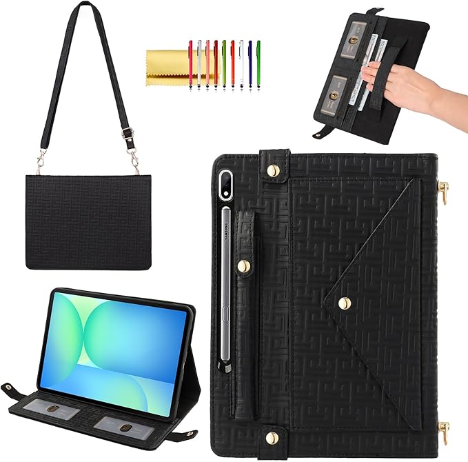 Handbag Case for Samsung Galaxy Tab S10 FE+/Plus 13.1-inch Techcircle Elegant Crossbody Folio Stand Wallet Case with Pencil Holder Card Slots Hand Strap Shoulder Strap Black