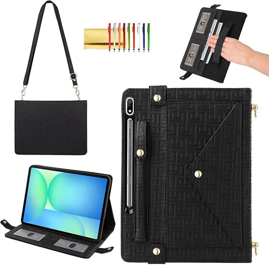 Handbag Case for Samsung Galaxy Tab S10 FE+/Plus 13.1-inch Techcircle Elegant Crossbody Folio Stand Wallet Case with Pencil Holder Card Slots Hand Strap Shoulder Strap Black