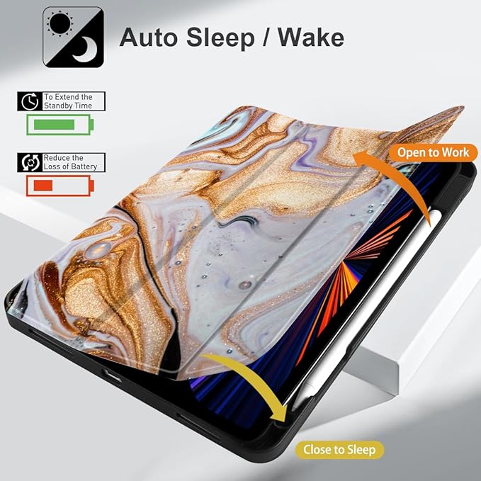 DONGKE Case for 2022/2021/2020/2018 iPad Pro 11 inch Gen 4/3/2/1 - Slim Protective Case - Built in Pencil Holder Support Charging - Trifold Stand &amp Sleep/Wake Cover- Black Marble
