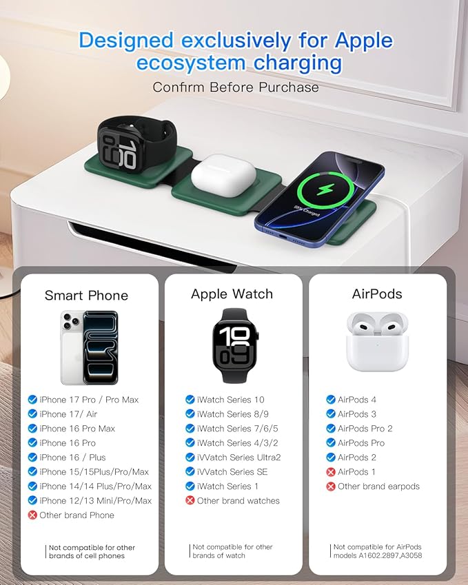 3 in 1 Wireless Charger for iPhone - Foldable Charging Station Travel Charging Dock Compatible with iPhone 16 15 14 13 12 Pro Max Plus Watch &amp Airpods