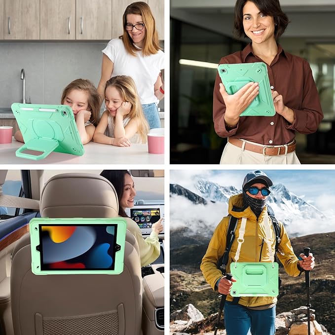 Case for iPad 9th Generation (2021) /iPad 8th Gen (2020)/iPad 7th Gen (2019) Military Grade Shockproof iPad Case Built-in 360°Rotating Stand/Pen Slot/Shoulder Strap for iPad 10.2 (Mint)
