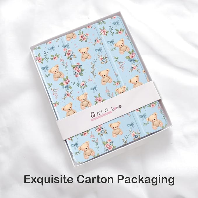 Cute Kawaii Bear Flower Bow for iPad Air 11 Inch Case 7th/6th Generation (M3/M2) 2025/2024 with Pencil Holder Auto Sleep/Wake Blue Leather Soft TPU Back Cover