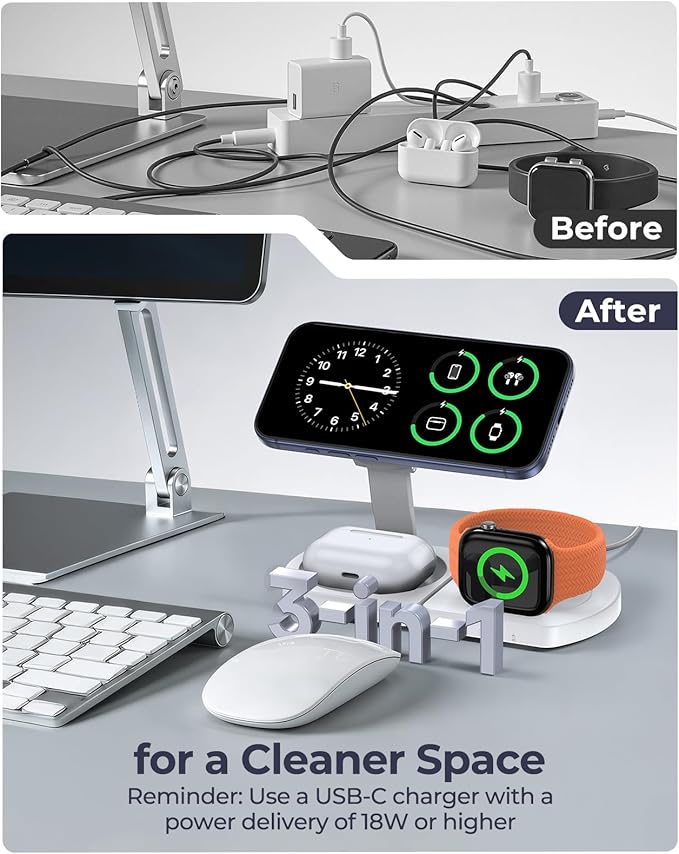 EGV Wireless Charger for iPhone 3-in-1 Magnetic Charging Station for Apple MagSafe Charger Stand for iPhone 17 Air 16 15 14 13 12 Series Airpods Pro Apple Watch Ultra Foldable No Adapter White