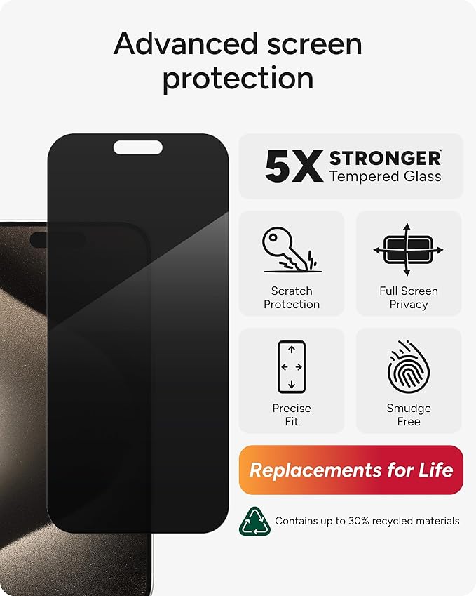 ZAGG InvisibleShield Glass Elite Privacy 360 iPhone 15 Pro Screen Protector - 5X Stronger with Reinforced Edges 4-Way Privacy Filter Scratch &amp Smudge-Resistant Surface Easy to Install