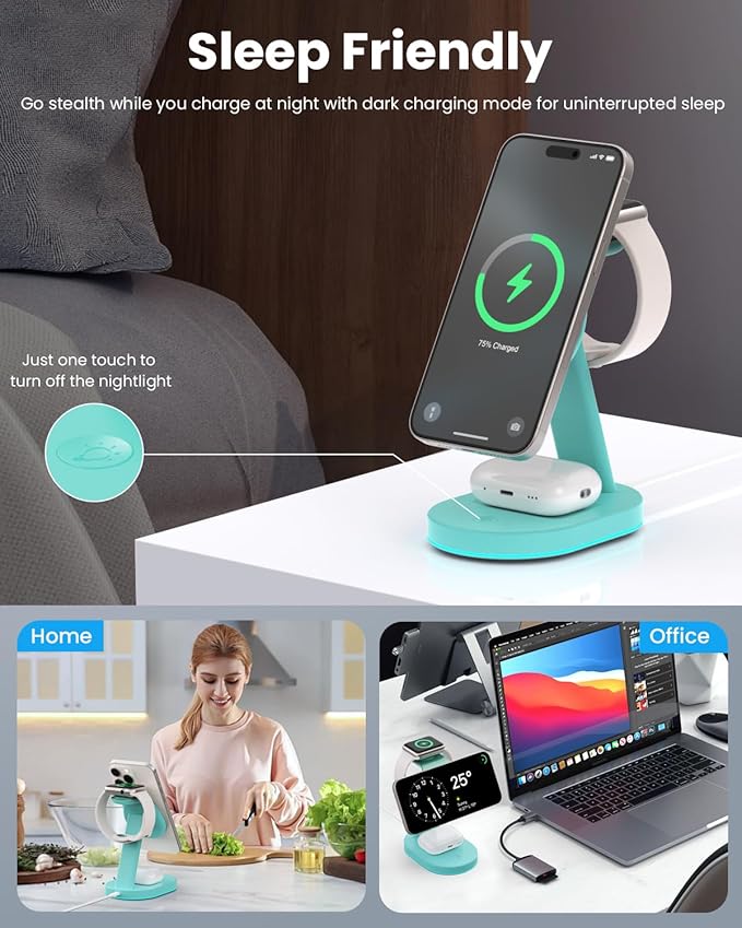 3 in 1 Wireless Charger Charging Station for iPhoneQi2 Certified 15W Magnetic Charging Stand for Mag-Safe with 30W USB C Adapter&ampFriendly Night Light for iPhone 16/15/14/13/12Apple WatchAirPods