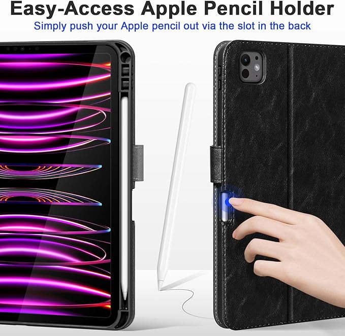Case for iPad Pro 11 Inch4th/3rd/2nd/1st Generation(2022/2021/2020/2018) Genuine Leather Cover with Pencil HolderCowhide Folio CoverAuto Sleep/Wake Magnetic ClosureBlack