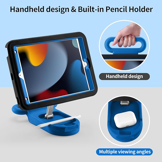 Kids Case for iPad 7th/8th/9th Gen 10.2 inchAdjustable Portrait/Landscape Stand/Drop Proof with Handle/KickstandChild Friendly Protective Cover for iPad 10.2 2021/2020/2019 (BlackBlue)