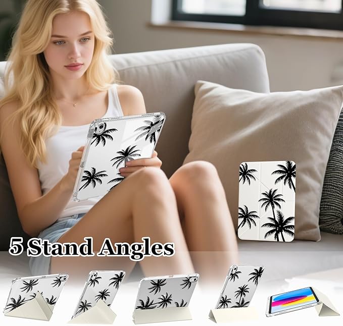 Cute Black Palm Tree for iPad Pro 11 Inch Case (M5/M4) 2025/2024 with Pencil Holder Auto Sleep/Wake White Leather Acrylic Back Detachable Cover