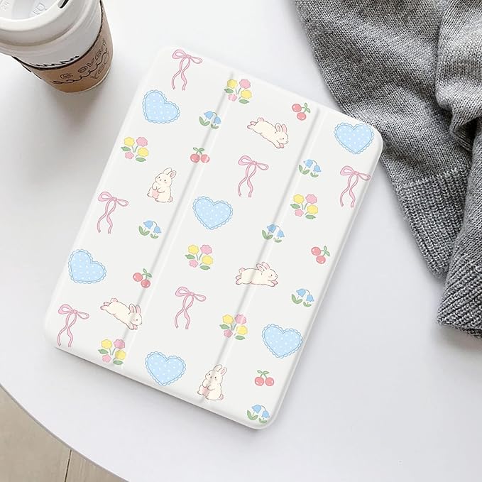 Cute Rabbit Floral Bow for iPad A16 11th 11 Inch 2025/iPad 10th Gen 10.9 Inch 2022[Pencil Holder+Auto Sleep/Wake]Slim Stand Soft Leather TPU Back Smart CoverWhite