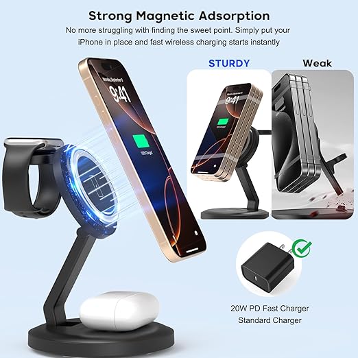 3 in 1 Foldable Wireless Charger iPhone Charging Station 2Pack Magnetic Stand Wireless Charger Dock for Apple Multple Devices with PD Adapter and USB C Cable for iPhone iWatch &amp Airpods All Ser