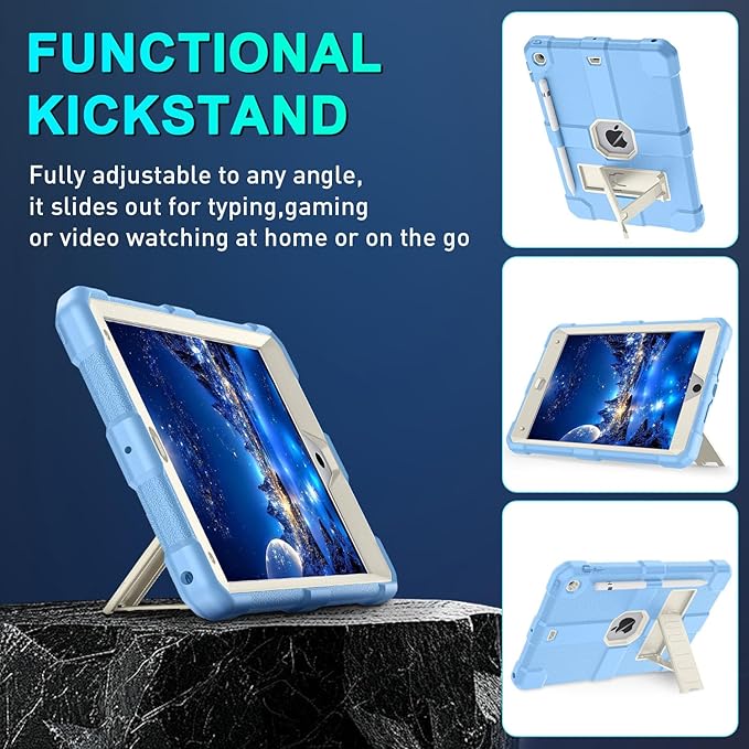 Case for iPad 9th/8th/7th Generation 2021/2020/2019(10.2 inch) Heavy Duty Shockproof Rugged Protective 10.2 Cover with Built-in Stand for iPad 9 8 7 Gen(White+Light Blue)