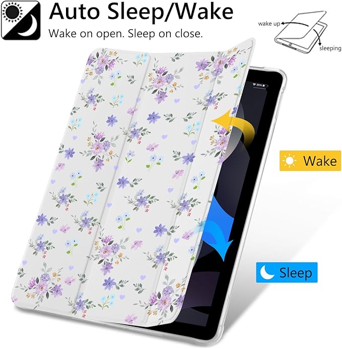 Lilac Floral Flower Case for iPad mini 7th(A17 Pro) 2024 / Mini 6th Generation 8.3 2021 Protective CasePencil Holder &amp Clear Back &amp Trifold Cover for Women Scratchproof Cover