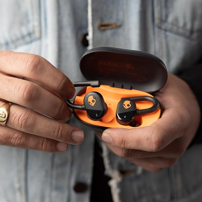 Skullcandy Push Play Active Wireless Earbuds Bluetooth Headphones Noise Isolating Fit 34 Hrs Battery Secure-Fit Over-Ear Hanger Sweat Water Resistant Microphone for iPhone Android - Black/Orange