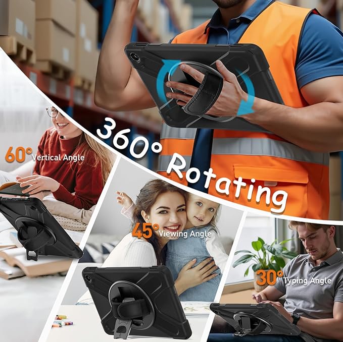 Weuiean Case for 10/10 Plus 13th Generation 10.1 2023 Military-Grade Heavy-Duty Shockproof Cover with 360° Rotating Stand Built-in Pencil Holder &amp Adjustable Hand/Shoulder Strap - Black