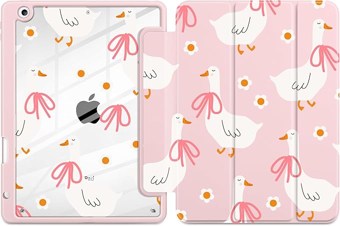 MEEgoodo Case for iPad 10.2 inchTablet Cases for iPad 9th Generation 2021/8th Gen 2020/7th Gen 2019 with Clear Acrylic Back Shell+Pencil Holder+Auto Wake/Sleep+Trifold StandGoose Farm &amp Bows
