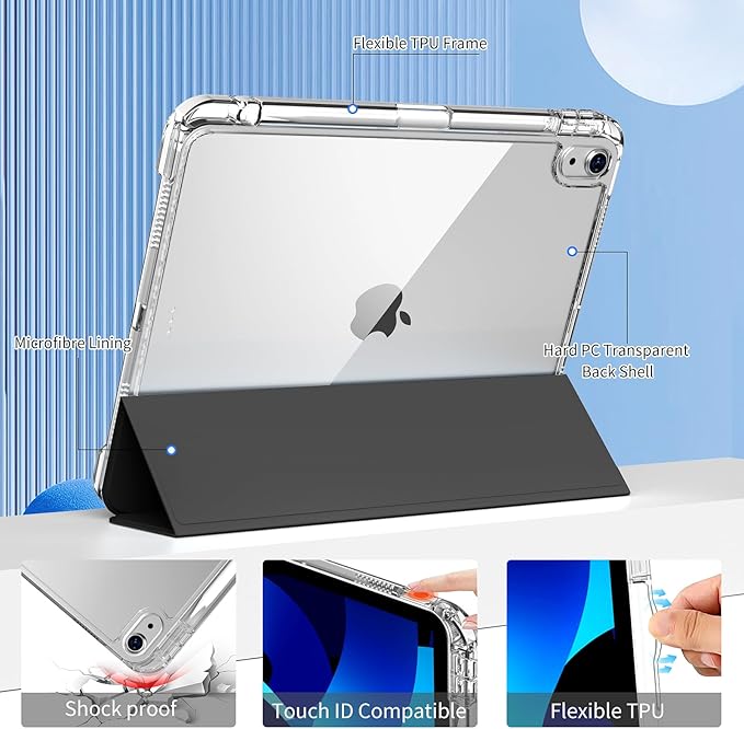 kenke Hybrid Case for iPad Air 11 Inch (M3) 2025 / (M2) 2024 iPad Air 5th/4th Gen 2022/2020 10.9 Inch with Pencil Holder Detachable Cover with Clear Hard Back Shell Auto Sleep/Wake Black