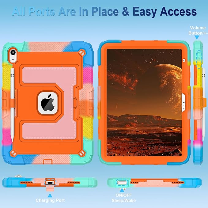 WESOROL Case for iPad A16 11th Generation 11 Inch (2025) iPad 10th Generation 10.9 Inch (2022)i Pad A16 Case Military Grade Shockproof Cases with Pencil Holder Shoulder StrapColorful Orange