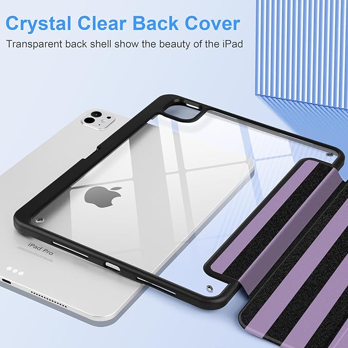 DONGKE for iPad Pro 11-Inch Case (M5 2025 / M4 2024) 6th/5th Generation [Auto Sleep/Wake &amp Pencil Pro Holder] Clear Acrylic Back Smart Trifold Stand Cover Purple Stripes