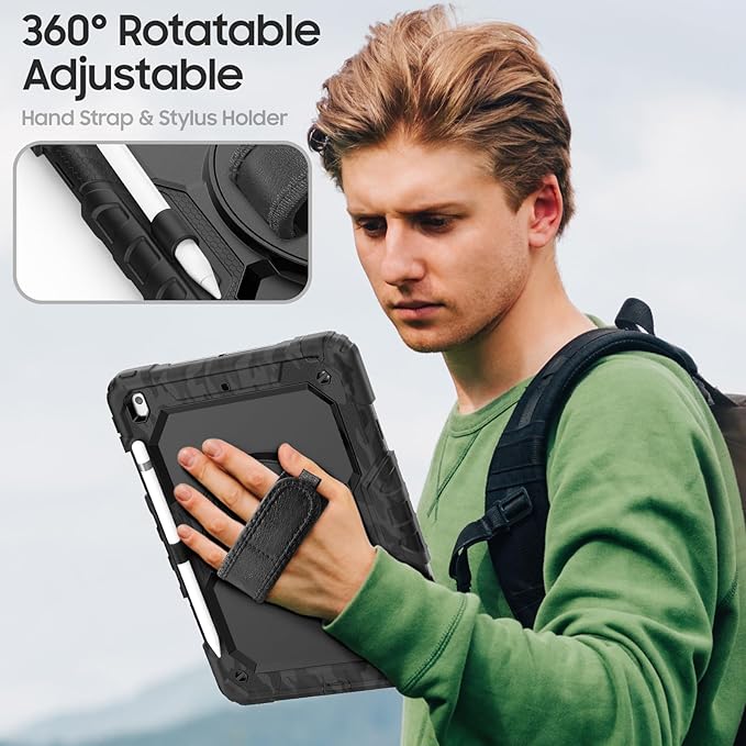 Case for iPad 9th/ 8th/ 7th Generation 10.2'' Shockproof 360° Rotating Hand Strap &amp Kickstand Protective Cover with Screen Pencil Holder for iPad 10.2 inch 2021-2019 Camo Black
